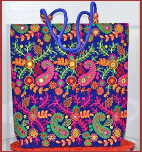 Seide bestickt Paisley Damen Tasche, Schultertasche, Handtasche, Strandtasche in blau - Bild 1 von 5
