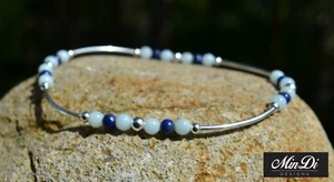 Tobillera elástica hecha a mano con plata de ley, amazonita y lapislázuli. - Imagen 1 de 3