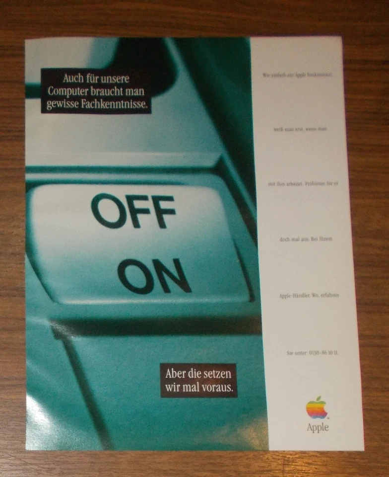 Seltene Werbung APPLE Für unsere Computer braucht man Fachkenntnisse ON/OFF 1995 - Bild 1 von 1