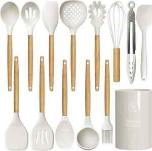 Heat Resistant Silicone Cooking Utensils Set with Wooden Handles, BPA Free - Picture 1 of 9