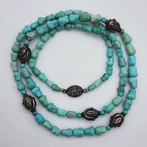 VTG Chinese Nugget Turquoise Lotus Flower - Sterling Silver Bead Necklace: 30.4" - Picture 1 of 20