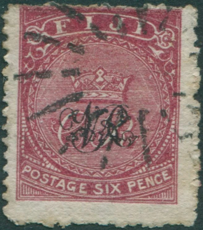 Fiji 1876 SG30b 6d carmine-rose VR ovpt light tone spots and natural crease FU - Image 1 of 1