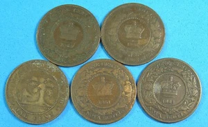 Canada Lot of 5 Diff Large Cents, 1861 to 1871, Nova Scotia, New Brunswick & PEI - Picture 1 of 5