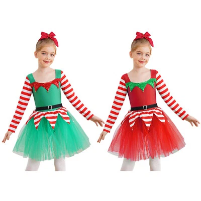Kids Girls Rompers Halloween Dress Up Dance Dresses Disco Leotard Candy Cane - Image 1 of 3