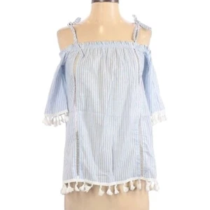 Boho Vacation Short Sleeve Off The Shoulder Striped Tassel Hem Top Size Small - Picture 1 of 6