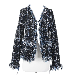 Renee C Sz S Black Blue White Frayed Pocket Open Knit Acrylic Wrap Tweed Sweater - Picture 1 of 22