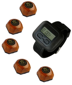 SINGCALL Bezprzewodowe systemy calling pager 1 zegarek odbiornik 5 kelnerskich dzwonków guzikowych - Zdjęcie 1 z 9