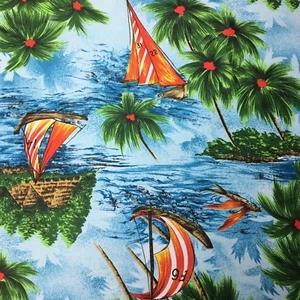 Sailing Boats Ocean Sewing Quilting Fabric Landscape Island Tropical Toss FQ - Picture 1 of 6