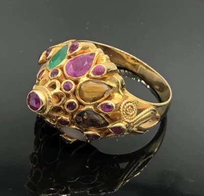 14k Yellow Gold Harem Ring Thai Princess Multi Gemstone Ring S6 Vintage - Image 1 of 4