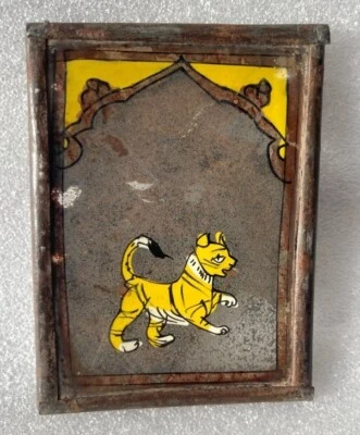 ANTIGUA PINTURA ORIGINAL LEÓN VINTAGE RARA REVERSO VIDRIO MINIATURA PINTURA Foto 1 de 2