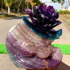 3.86LB Natural and beautiful fluorite crystal hand carved mandarin duck healing - Picture 1 of 22