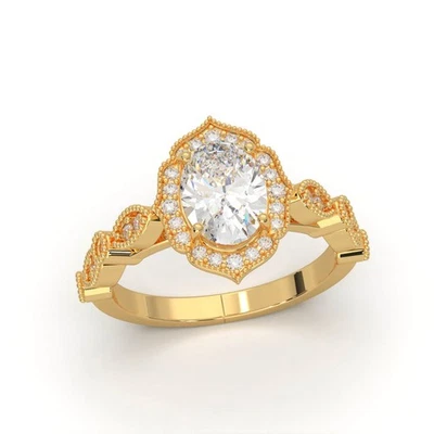 Conjunto de anel de noivado oval criado em laboratório diamante 2,25 ctw Milgrain halo ouro 10k IGI - Imagem 1 de 4