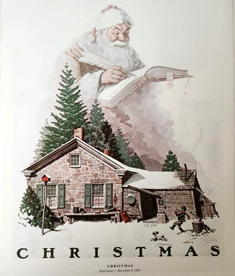 Casa de Navidad Papá Noel perro Norman Rockwell vintage 1990 impresión de libro a doble cara Foto 1 de 4