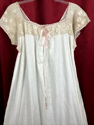 Edwardian 20s Crochet Yoke Boudoir Gown Chemise Breakfast Dress Ribbon - Image 1 of 4