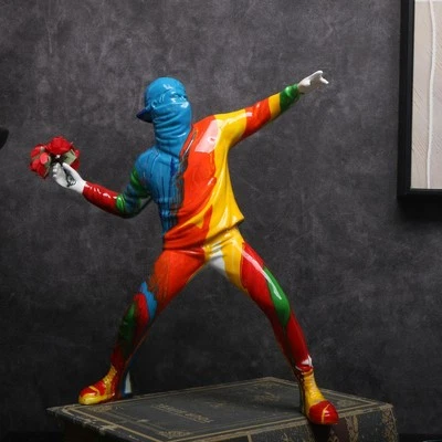 Modern Art Resin Banksy Sculptures Flower Thrower Statue Bomber Home Decor Gifts - Image 1 of 4