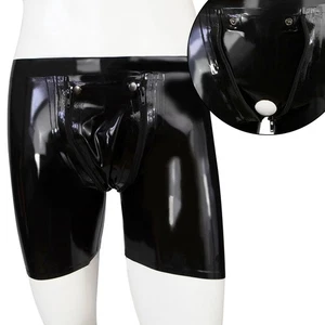 Mens Latex Shorts Buckle Front Cover Rubber Boxer with Penis Hole Fetish BDSM - Picture 1 of 5