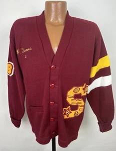 Suéter cárdigan universitario vintage de los 80 Dehen Letterman 42 parches de chenilla granate - Imagen 1 de 14