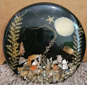 Vintage Black Abalone Shell & Sea Lucite Round Trivet 5.5 Inch Diameter - Picture 1 of 5