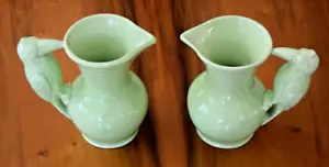 Pair Art Deco Jugs Bird / ? Toucan handles 2 x Green Jug Vintage Antique Ceramic - Picture 1 of 17
