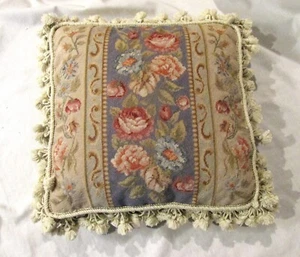 Wool Floral Tapestry Down Filled 16x16 in. Throw Pillow Velvet Zip Back - Picture 1 of 6