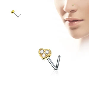 CZ Paved Heart Top 316L Surgical Steel L Bend Nose Studs Rings 20G - Picture 1 of 13
