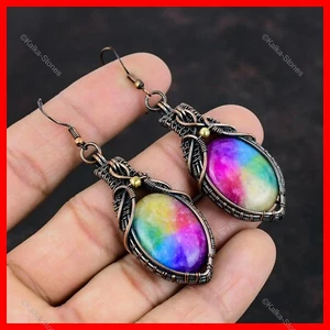 Pendientes Ovalados Natural Arco Iris Solar Cuarzo Druzy Gota Colgante Alambre Envuelto Cobre - Imagen 1 de 6
