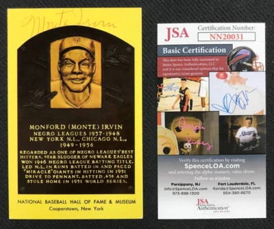 Monte Irvin Signed HOF Plaque Postcard JSA Authenticated (NL) Newark Eagles WOW! - Image 1 of 4