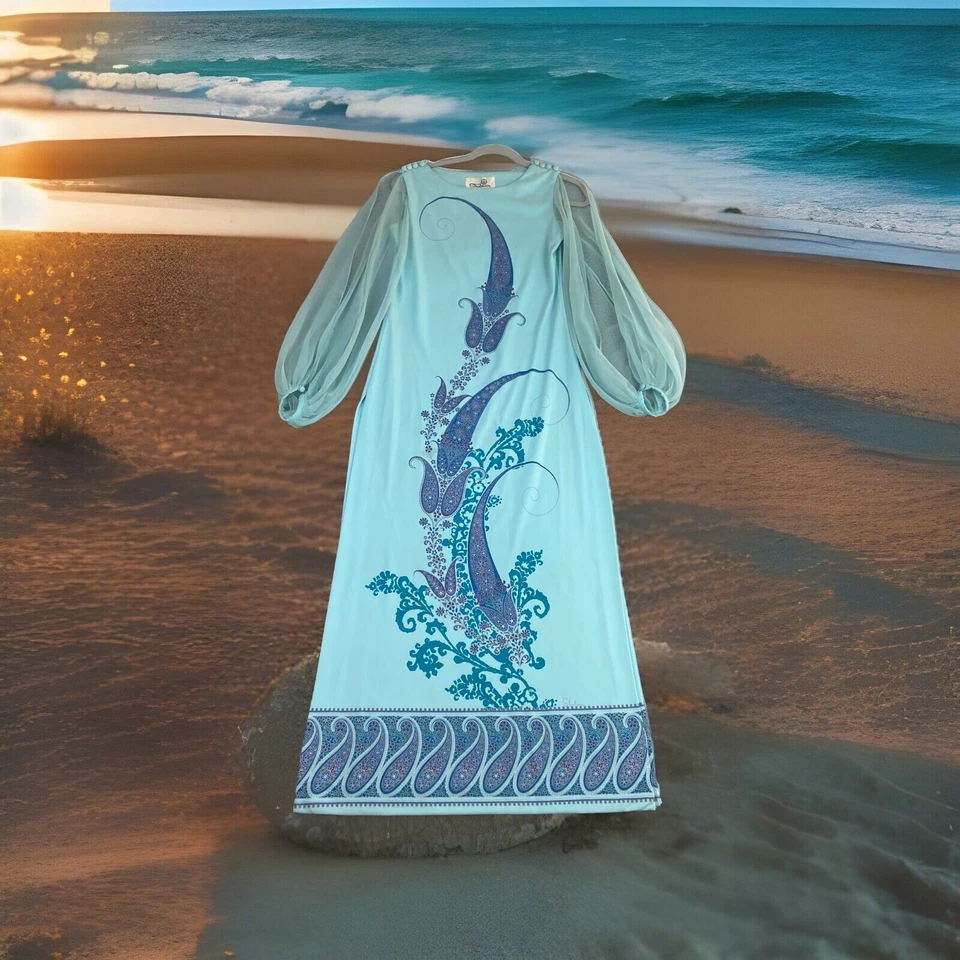 Vestido Alfred Shaheen Talla 6 Gasa Slv Doble Muslo Hasta el Muslo Paisley De Colección Años 70 Foto 1 de 4