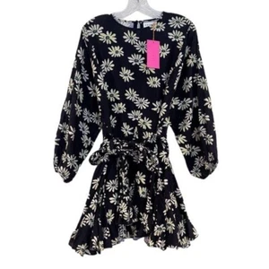 Rhode Linen Blend Black Yellow Daisy Print Tie Waist Designer Mini Sun Dress XS - Picture 1 of 10