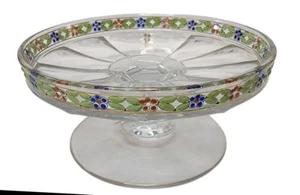 Heisey Crystal Recessed Panel Gold & Enamel Floral Small Pedestal Compote Dish - Picture 1 of 7