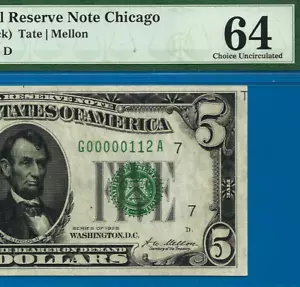 1928 $5 FRN Chicago PMG 64 - Gold on Demand - Rare Low Serial Number 00000112 - Picture 1 of 3