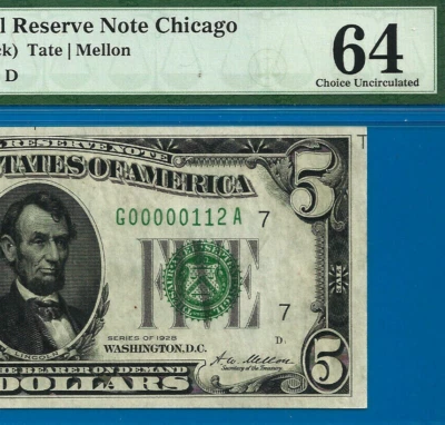 1928 $5 FRN Chicago PMG 64 - Gold on Demand - Rare Low Serial Number 00000112 - Image 1 of 3