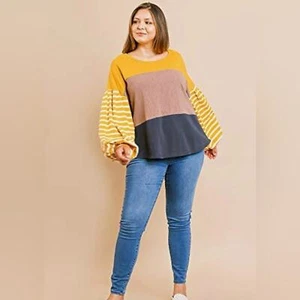 Umgee Yellow/Brown/Gray Long Puff Sleeve Color-block Striped Top 1XL - Picture 1 of 11
