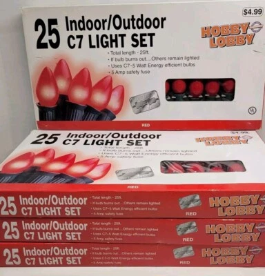 Red C7 Christmas Lights Indoor Outdoor 4 New Vtg Boxes 25' - 25 Lights Per Box - Image 1 of 4