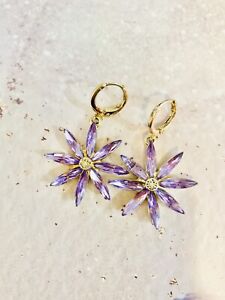 Purple Flower Earrings, Minimal Sensitive Ear, Cute, Glass Petals, Hoop Earrings