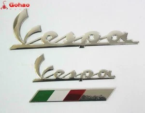 3x NEW VESPA SCOOTER PIAGGIO SILVER SIDE PANEL LEGSHIELD REAR BADGE DECALS ITALY - Bild 1 von 4