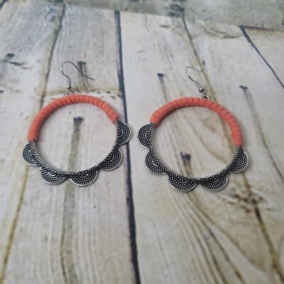 Hoop Earring Silver Tone w Orange Wrap Circle Round Drop Boho Earrings 1.75 Inch - Image 1 of 3