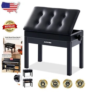 Height Adjustable Wooden Piano Bench with Padded Cushion & Sheet Music Storage - Picture 1 of 9