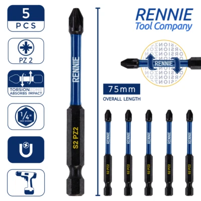 RENNIE TOOL COMAPNY 5 x PZ2 75mm Long Magnetic Impact Duty Screwdriver Drill Driver Bits Pozi NO.2