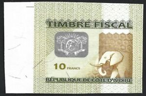 ELEPHANT - Ivory Coast 2010 revenue stamp 10 CFA imperforate proof on thin card