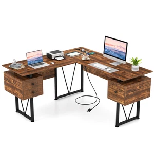 59'' L-shaped Computer Desk w/ Charging Station Corner Desk Sturdy Metal Frame - Picture 1 of 10