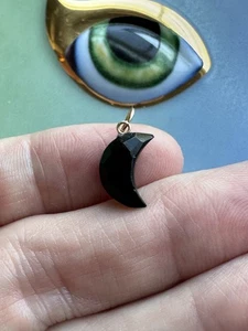 14k Yellow Gold Black Crescent Moon Charm 🌙 Halloween Pendant🎃 - Picture 1 of 8