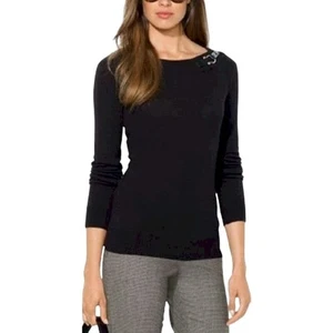 Lauren Ralph Lauren Sweater w Shoulder Buckle Size L Black Long Sleeves Tshirt - Picture 1 of 12