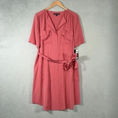 Lafayette 148 Dress Womens Large Red Silk Belted Short Sleeve Button Pockets - Image 1 of 4