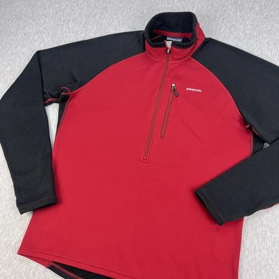 Patagonia Wind Shield Pullover Mens L Red Black Grid Fleece 1/2 Zip Thumb Holes - Image 1 of 4