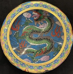 Vintage Chinese Gold Blue Cloisonne Bowl Dragons Enamel 5.75”dia - Picture 1 of 5