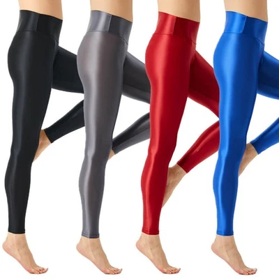 Mujeres Cintura Alta Brillante Satén Elastizado Ajustado Baile Yoga Fiesta Club Leggings Pantalones Foto 1 de 4
