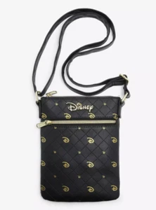 Loungefly Disney Gold D Logo schwarz Kunstleder gesteppt Pass Umhängetasche - Bild 1 von 7