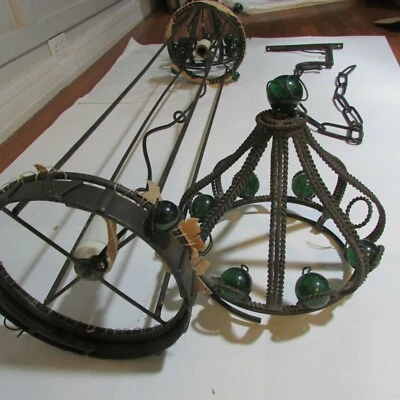  Старинный кованое железо средневековый ближневосточный подвесной светильник зеленый стеклянный мрамор - Изображение 1 из 4