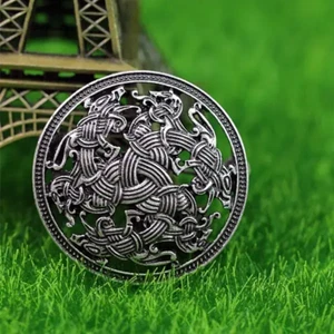 Nordic Viking(s) Amulet Brooch SHIELD SILVER Pewter VERY ORNATE 1.4" DIAMETER - Picture 1 of 7